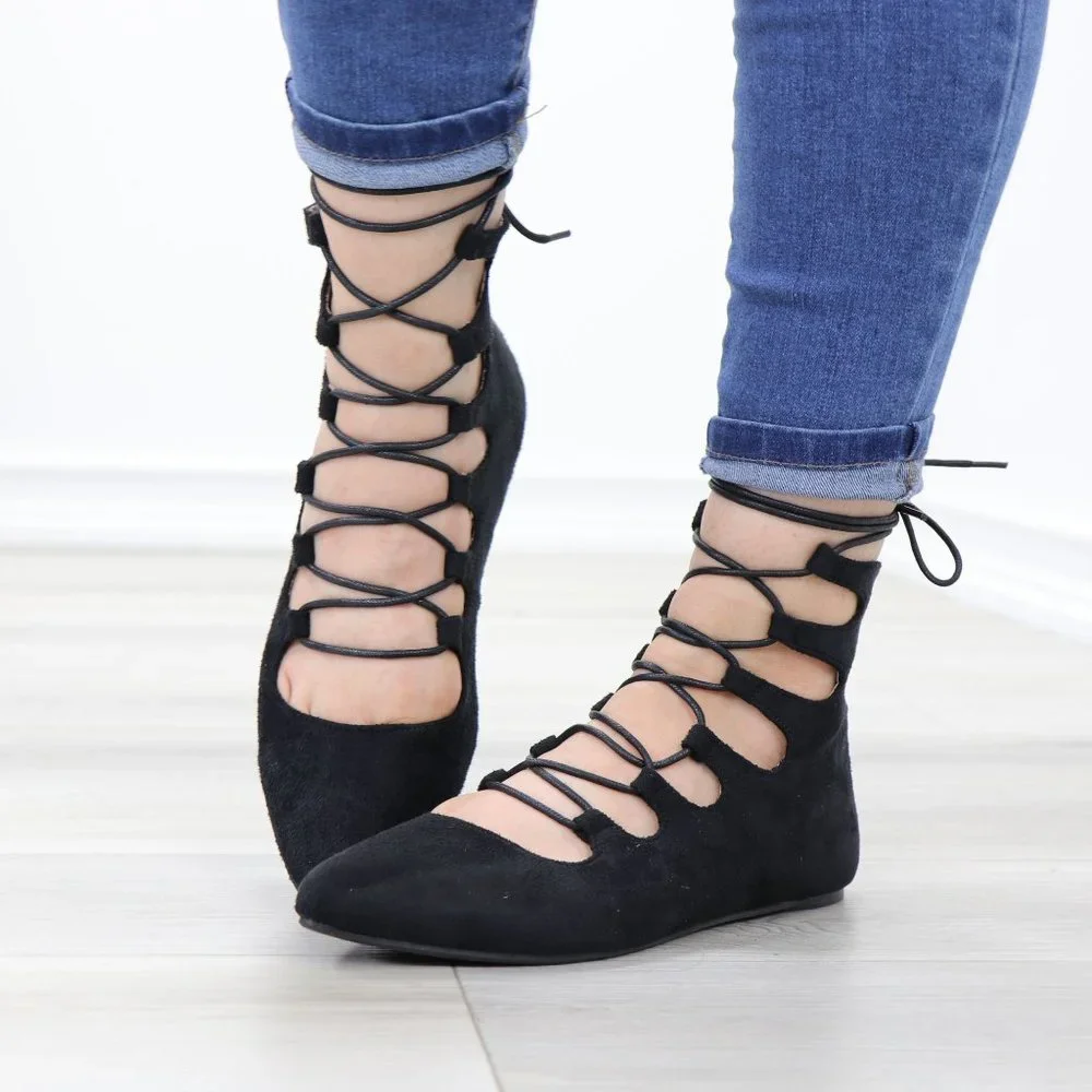 Pointed Toe Faux Suede Strappy Slip-On Flats - Picture 1 of 11